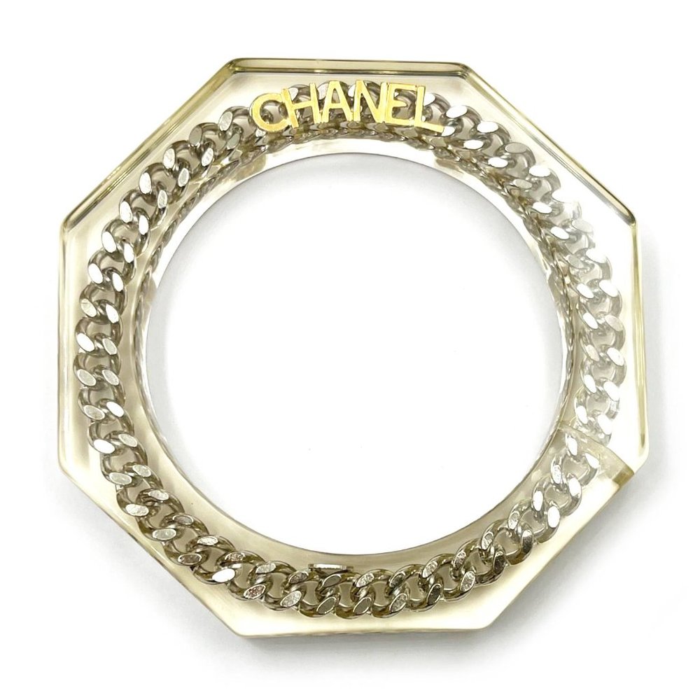 Chanel Gold Silver Chain Resin Cuff Bangle Bracelet  *Marked 97 *Made in France